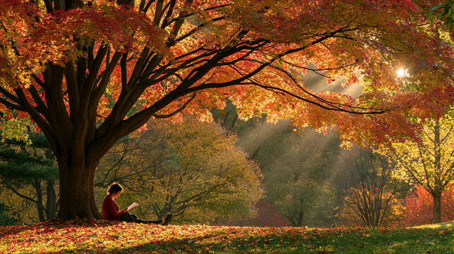 a serene autumn scene. A person sits under a large tree, engrossed in reading a book. The trees branches are adorned with vibrant red, orange, and yellow leaves.