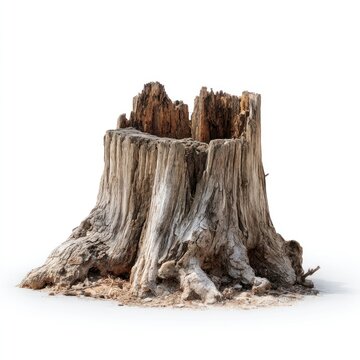 Weathered tree stump isolated on white background
