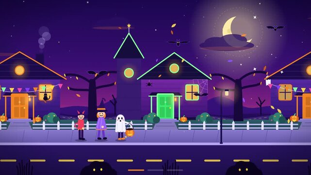 Flat Design Halloween Animation of Kids in Costumes Trick or Treating in a Spooky Neighborhood at Night