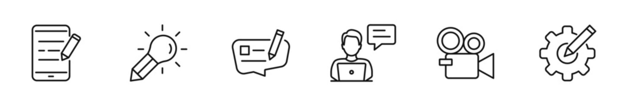 Content creation icon set. Digital marketing icon in line style. Editable web icons social media, blog,  influencer, multimedia, digital tools, stream, media etc. Vector illustration.