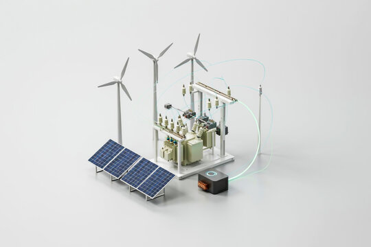 A detailed 3D illustration of renewable energy infrastructure featuring wind turbines, solar panels, and a substation