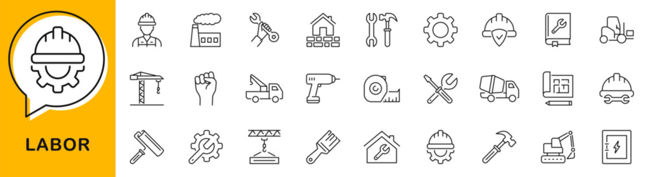 Labor icon set. Work icon in line style. Editable web icons construction, renovation, employee, union, solidarity, right, employment, repairman, tools etc. Vector illustration.