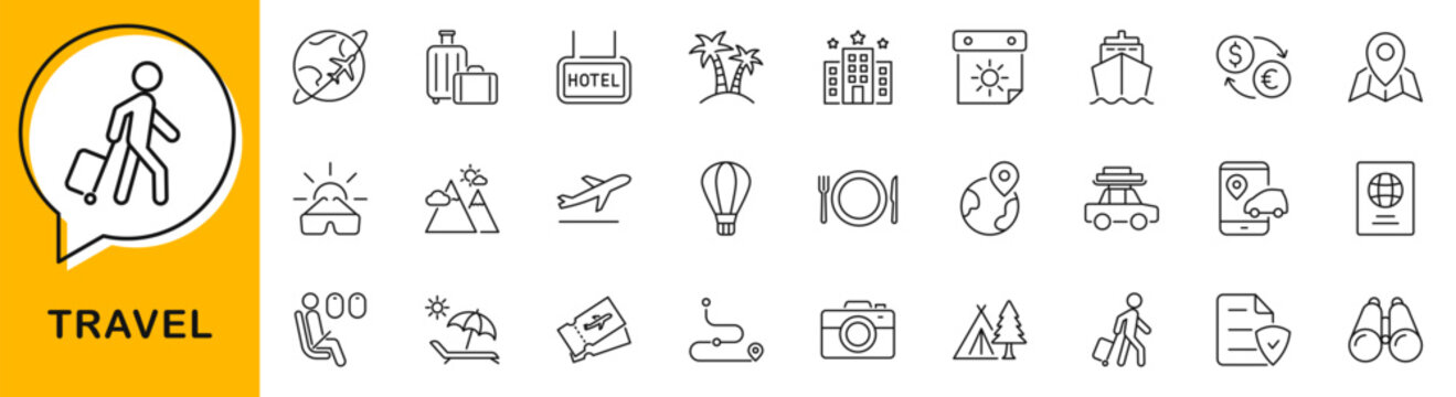 Travel icon set. Tourism icon in line style. Editable web icons summer holiday, hotel, vacation, adventure, airport, tickets, beach, mountains etc. Vector illustration.