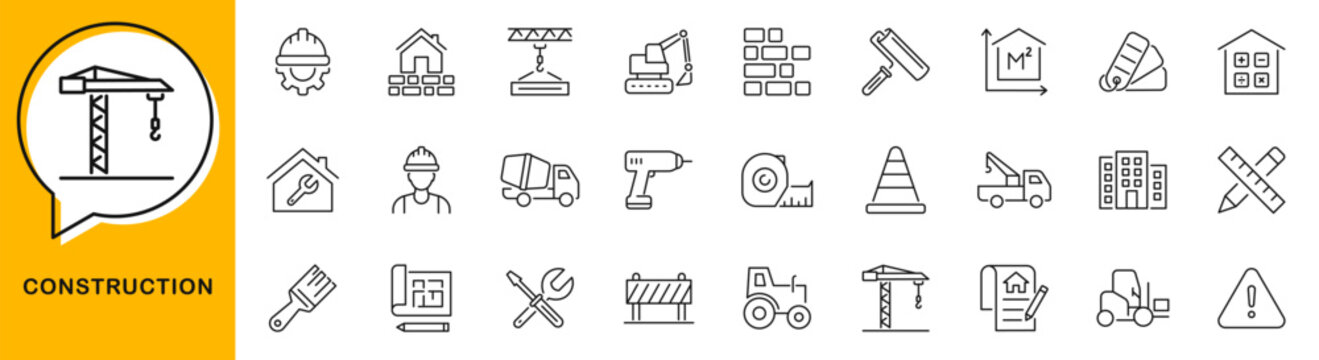 Construction icon set. Build icon in line style. Editable web icons manufacturing, plan, structure, worker, industry, engineering, production etc. Vector illustration.