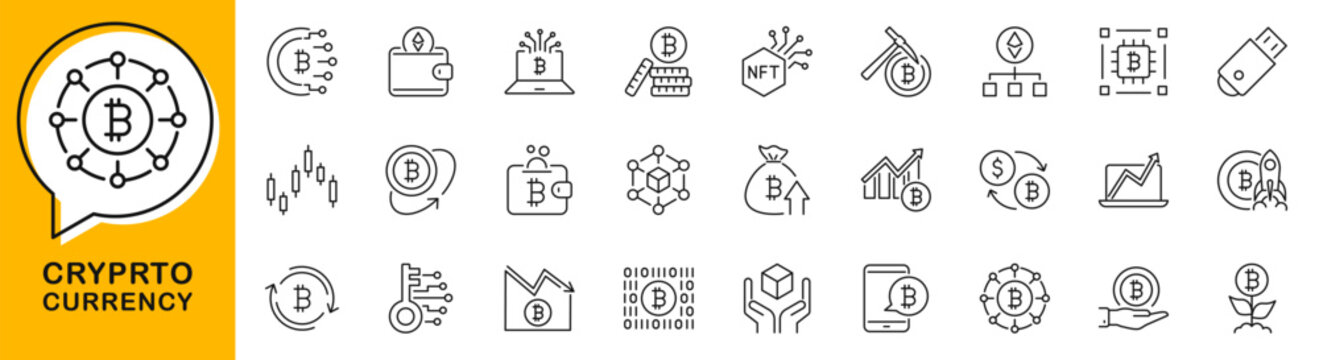 Cryptocurrency icon set. Crypto icon in line style. Editable web icons bitcoin, blockchain, wallet, exchange, encryption, digital banking, finance etc. Vector illustration.