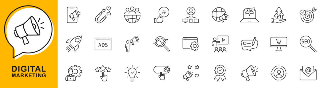 Digital marketing icon set. Promotion icon in line style. Editable web icons advertising, seo, content, website, social media, sales etc. Vector illustration.