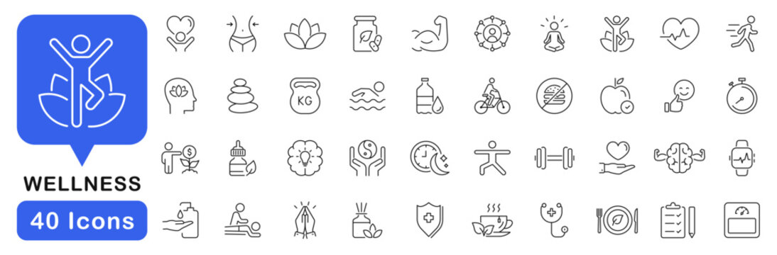 Wellness icon set. Healthcare icon in line style. Editable web icons mental health, self-care, spa, relaxation, fitness, therapy, meditation, yoga, medical etc. Vector illustration.