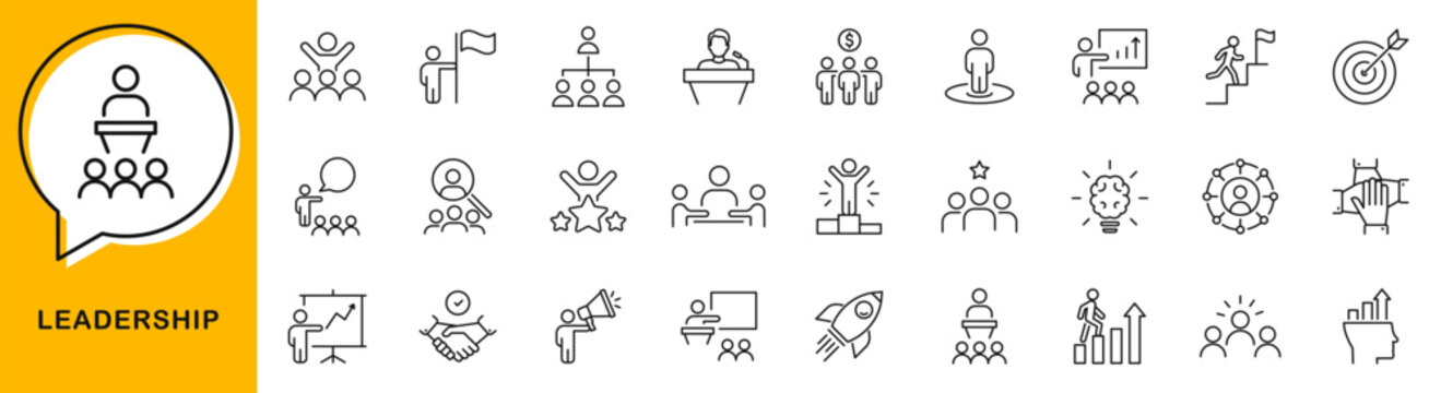 Leadership icon set. Productivity icon in line style. Editable web icons leader, success, planning, vision, guidance, mentorship, coaching, influence etc. Vector illustration.