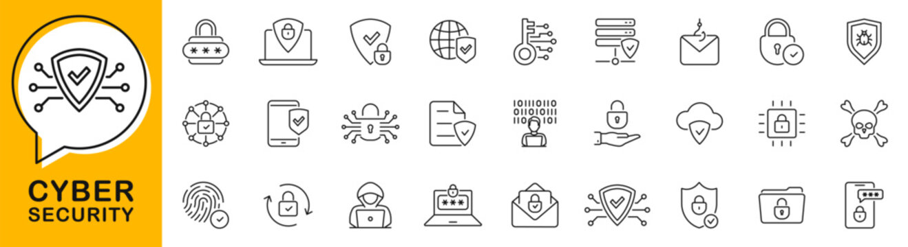 Cyber security icon set. Data protection icon in line style. Editable web icons safety, privacy, secure login, fingerprint, biometric, shield, lock, password etc. Vector illustration.