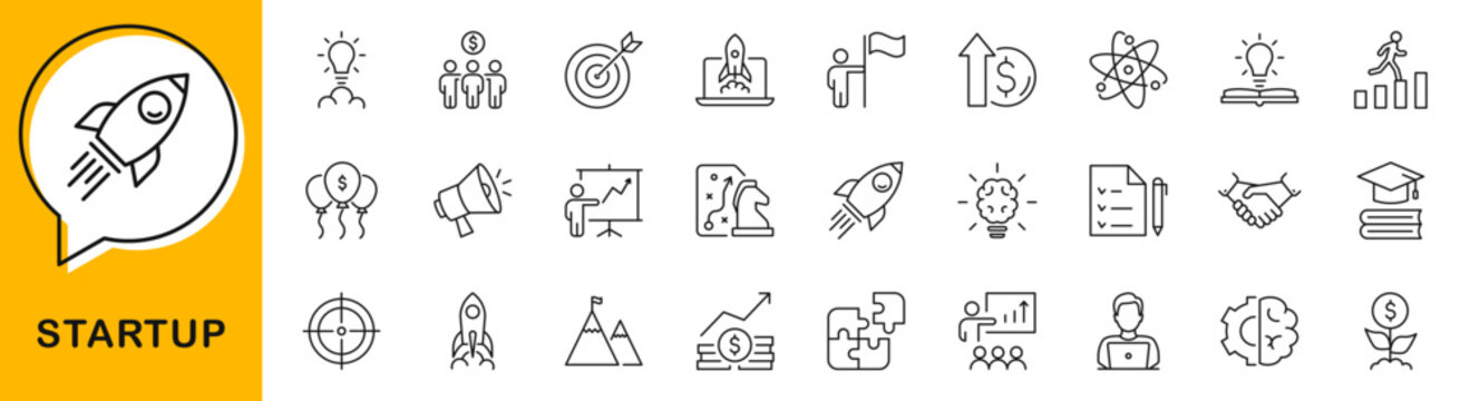 Startup icon set. Development icons in line style. Editable web icons for launch project, innovation, idea, strategy, funding, development business etc. Vector illustration.