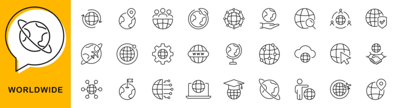 Worldwide icon set. Globe icons in line style. Editable web icons network, world, global, network, earth, sphere and international. Vector illustration.