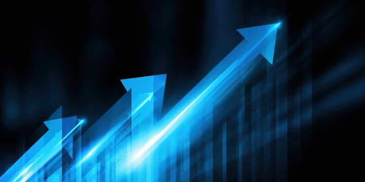 Abstract blue glowing arrows moving up on dark background. Financial stock market trading chart, digital business growth analytics dashboard, enterprise success strategy, and tech startup scaling.