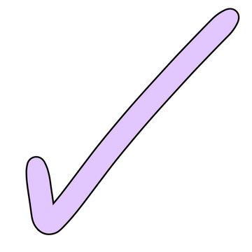 A purple check mark with a slight curve and rounded edges, on a white background