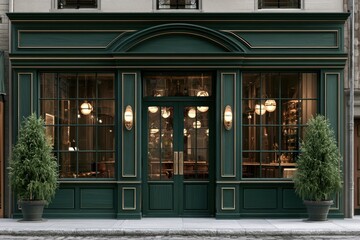 Elegant green storefront with classic facade and warm interior lights
