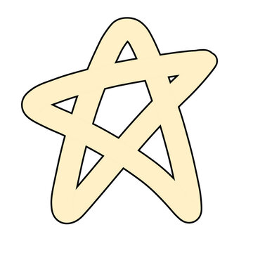 A hand-drawn, stylized star with a pentagonal opening in the center. The star is outlined in black and filled with a soft yellow color