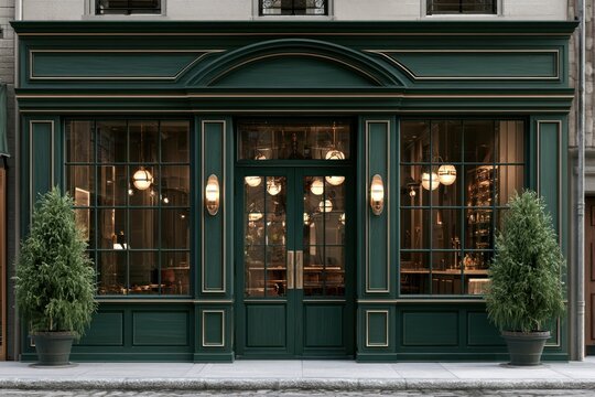 Elegant green storefront with classic facade and warm interior lights