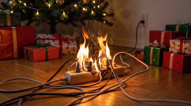 Burning Electrical Extension Cord Beside Wrapped Holiday Presents Illustrating Short Circuits and Seasonal Fire Hazards