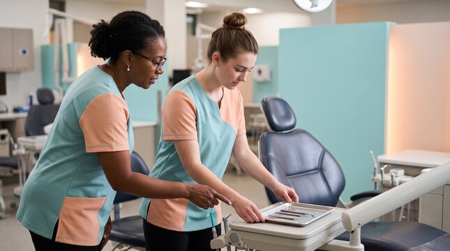 Instructor coaches dental trainee beside clinic chair