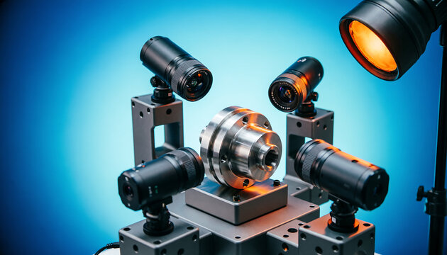 Automated computer vision optical inspection workstation with multiple cameras and lighting checking metal part, studio style 