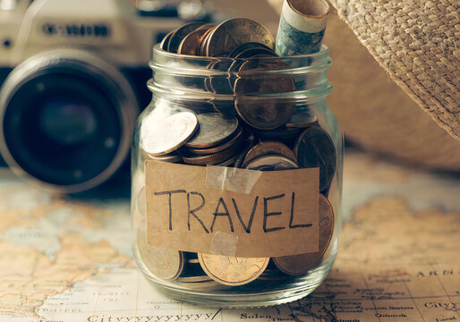 Travel themed jar with old shoes inside