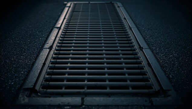 A metal grate on the side of a road, suitable for use in urban or infrastructure scenes