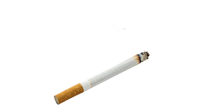Single classic lit smoking cigarette with filter isolated on transparent background