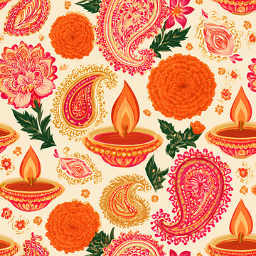 Seamless Diwali pattern with diya lamps, marigold flowers and paisley on cream