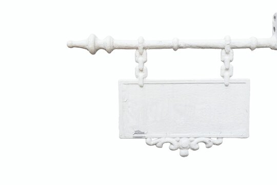 Blank decorative hanging signboard isolated on a white background with ornate bracket and horizontal support bar for custom text display