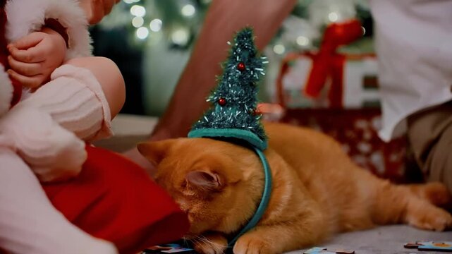 Cute orange cat wears tiny Christmas tree hat. Softly, someone places hat gently on feline's head. Cat looks unamused but still, with calm indifference. Child nearby wears cozy winter sweater