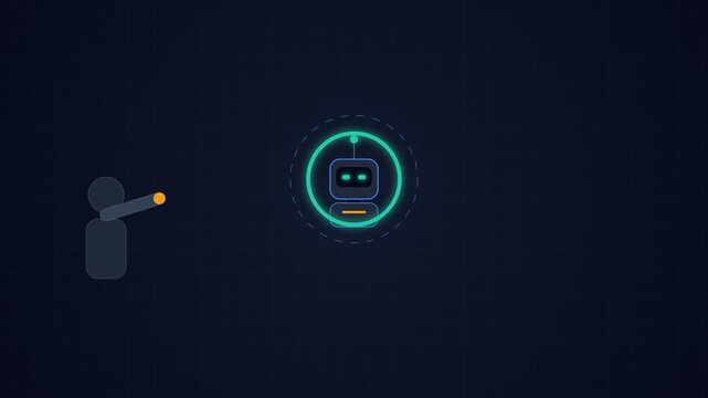 Flat Motion Graphic of Person Interacting with AI Robot and Business Data Charts