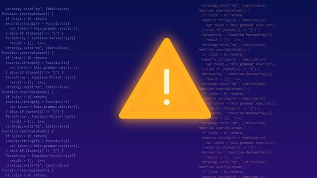 Glowing yellow warning symbol centered against scrolling computer source code background displaying software errors