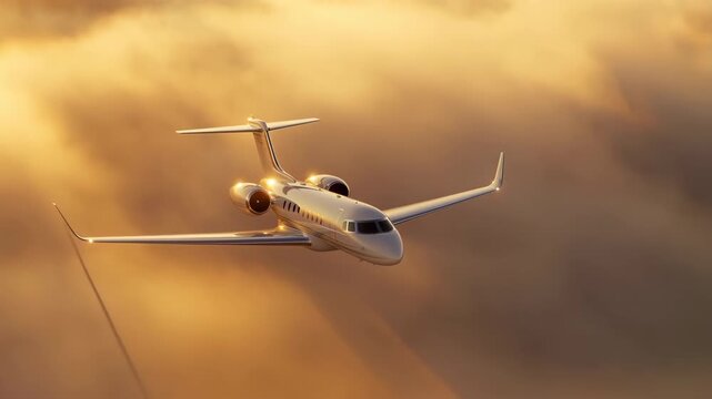 60 FPS Private business jet emerging from golden clouds then banking toward camera at sunset
