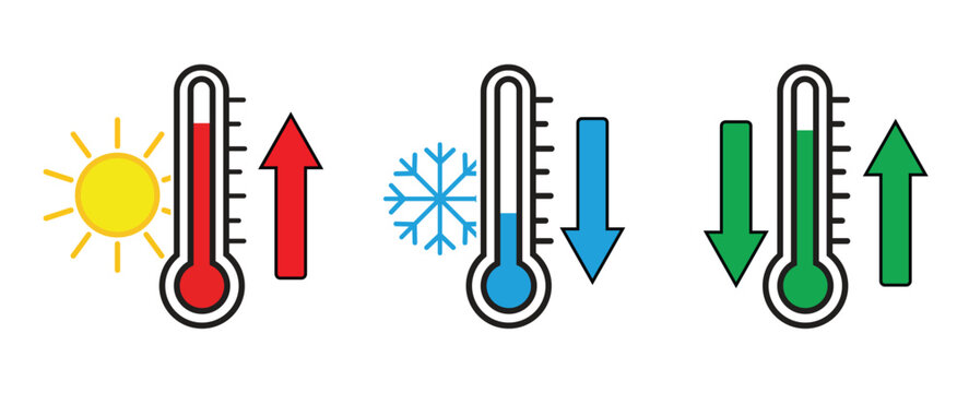 Thermometer temperature icons with sun snowflake and arrows for