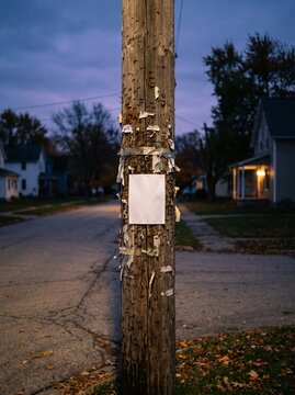 Telephone Pole With Small Blank Flyer On Empty Street At Dusk