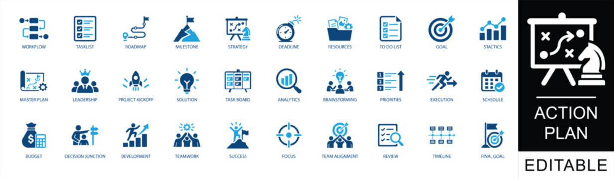 
Action plan solid icon set featuring strategy, goal, management, and project development elements in blue flat style for corporate workflow and success.

