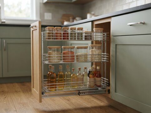 accessible kitchen pull out shelf Kitchen cabinet pull-out shelves with organized bottles and jars of spices