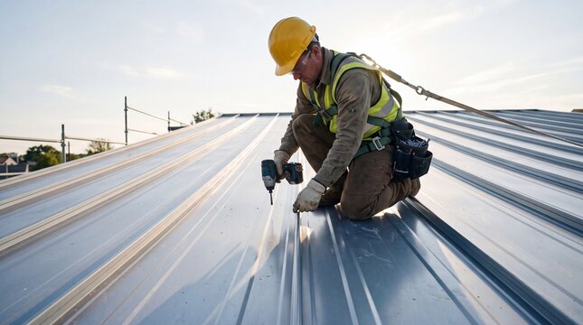 Roofer at Work: A skilled roofer wearing a yellow hard hat and safety vest secures metal roofing with a power drill under a clear sky, highlighting construction and hard work.