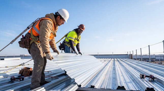 Industrial Rooftop Construction: Two construction workers, clad in safety gear, meticulously install a metal roof panel under a clear blue sky.