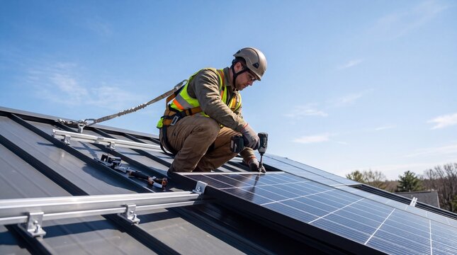 Solar Panel Installation: A technician wearing safety gear installs solar panels on a metal roof under a clear blue sky, demonstrating a commitment to renewable energy.