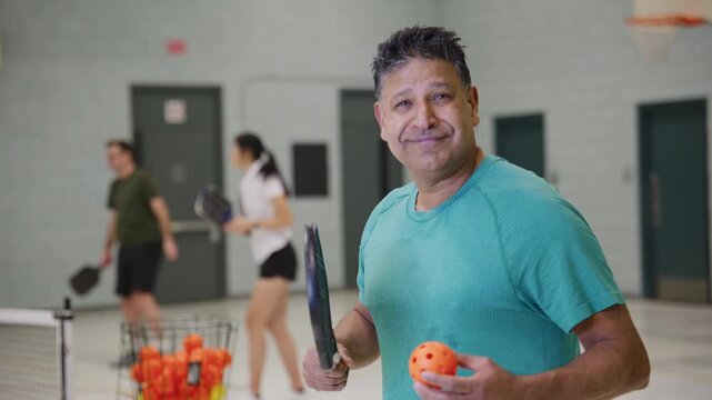 Co ed pickleball players in a modern gymnasium