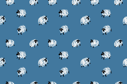 Cute Doodle Scribble Sheep pattern on Blue Background