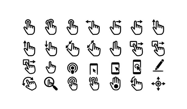 Black and White Touchscreen Cursor Icon Set Featuring Finger Tap, Swipe Gestures, Pinch Zoom, Drag and Drop, Mobile Pointer, Stylus and Interactive Screen Controls
