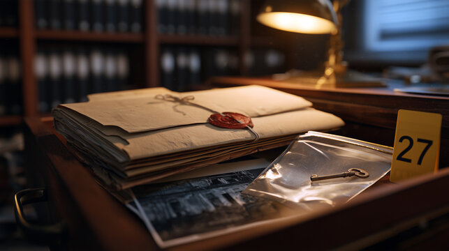 Vintage Crime Scene Evidence with Sealed Confidential Documents, Antique Key and Numbered Marker, Forensic Investigation Concept