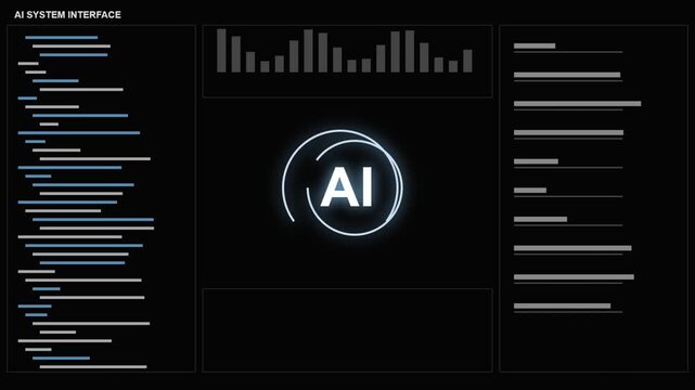 Futuristic artificial intelligence system interface displaying glowing central logo with dynamic programming code and data analytics graphs