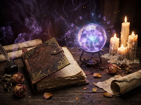 Ancient Spellbook and Glowing Crystal Ball on a Witch&rsquo;s Table for Halloween, still life with old book