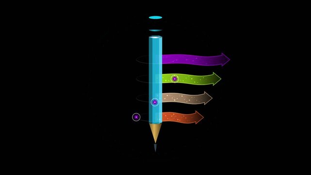 Vertical light blue pencil illustration with colorful curved arrow flow charts on black background