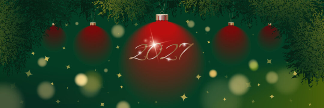 Happy new year 2027 banner with red christmas baubles and pine branch on dark green surface