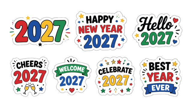 Set of colorful happy new year 2027 stickers and greeting labels with festive design elements