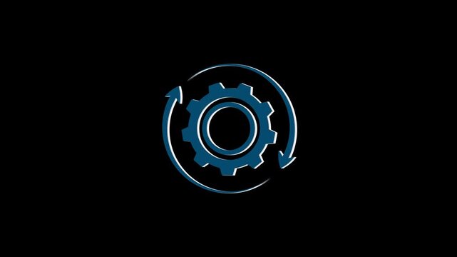 Seamless loop of a spinning blue gear with arrows indicating continuous rotation, set against a dark, minimalist background, representing process, development, and progress.
