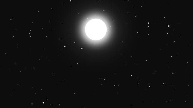 Abstract space animation with glowing white circle representing full moon shining brightly in dark night sky filled with small twinkling stars moving slowly in deep galaxy.
